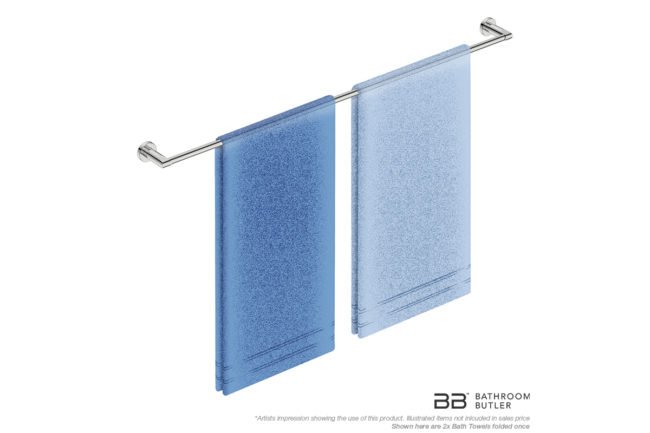 Single Towel Bar 1100mm 8278 with artists impression of two single folded bath towels - Bathroom Butler