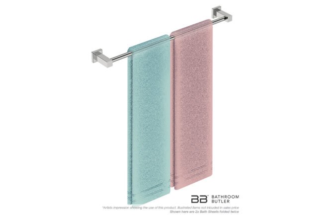 Single Towel Bar 650mm 8572 with artists impression of two double folded bath sheets - Bathroom Butler