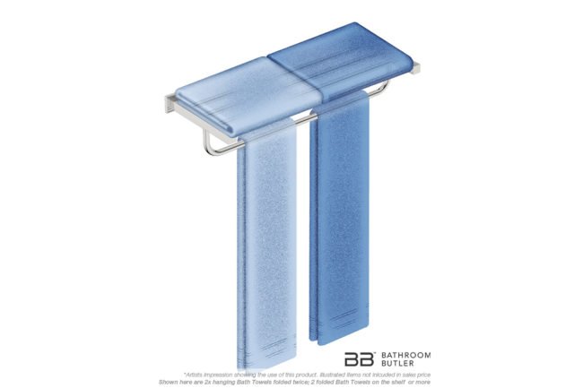Towel Shelf and Hang Bar 650mm 8593 with artists impression of four bath towels - Bathroom Butler