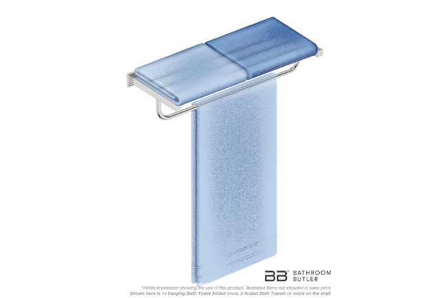 Towel Shelf and Hang Bar 650mm 8593 with artists impression of three bath towels - Bathroom Butler