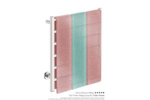Cubic 6 Bar 650mm Heated Towel Rack with PTSelect Switch showing artists impression of three bath sheets folded twice on the short side - Bathroom Butler