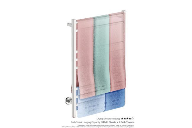 Cubic 8 Bar 650mm Heated Towel Rack with PTSelect Switch showing artists impression of folded bath sheets - Bathroom Butler