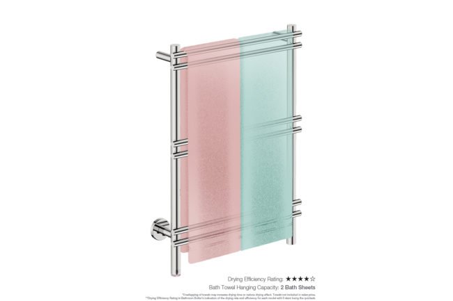 Loft 6 Bar 550mm Heated Towel Rack with PTSelect Switch showing artists impression of two bath towels folded twice on the short side - Bathroom Butler