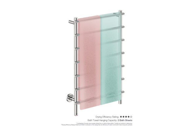 Loft 7 Bar 550mm Heated Towel Rack with PTSelect Switch showing artists impression of two bath towels folded twice on the short side - Bathroom Butler