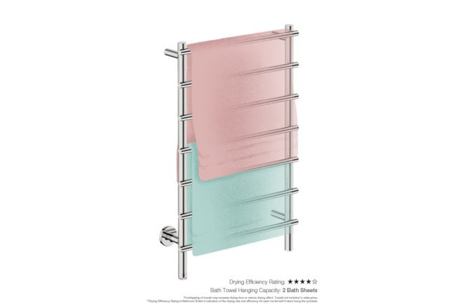 Loft 7 Bar 550mm Heated Towel Rack with PTSelect Switch showing artists impression of two bath towels folded twice on the long side - Bathroom Butler