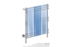 Loft 9 Bar 650mm Heated Towel Rack with PTSelect Switch showing artists impression of three bath towels folded twice on the short side - Bathroom Butler