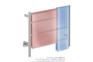 Natural 4 Bar 650mm Heated Towel Rack Straight with PTSelect Switch showing artists impression of bath towels folded twice on the long and short side - Bathroom Butler