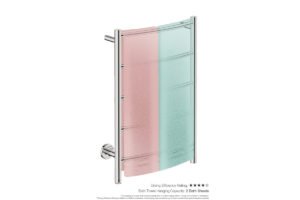 Natural 5 Bar 500mm Heated Towel Rack Curved with PTSelect Switch showing artists impression of two bath towels folded twice on the short side - Bathroom Butler