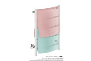 Natural 5 Bar 500mm Heated Towel Rack Curved with PTSelect Switch showing artists impression of two bath towels folded twice on the long side - Bathroom Butler