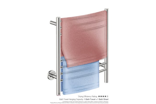 Natural 7 Bar 500mm Heated Towel Rack Curved with PTSelect Switch showing artists impression of one bath towel and one bath sheet folded twice on the long side - Bathroom Butler
