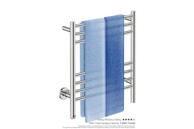 Natural 7 Bar 500mm Heated Towel Rack Straight with PTSelect Switch showing artists impression of two bath towels folded twice on the short side - Bathroom Butler