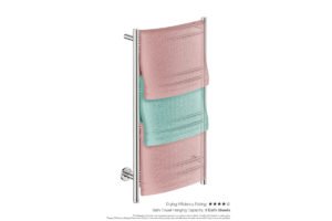 Natural 8 Bar 500mm Heated Towel Rack Curved with PTSelect Switch showing artists impression of three bath sheets folded twice on the long side- Bathroom Butler