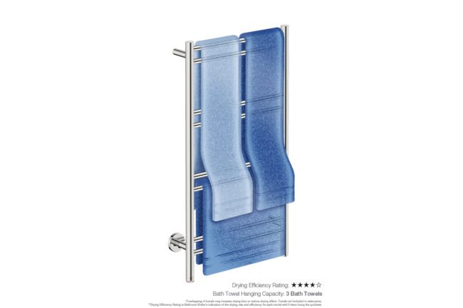 Natural 8 Bar 500mm Heated Towel Rack Straight with PTSelect Switch showing artists impression of three folded bath towels - Bathroom Butler