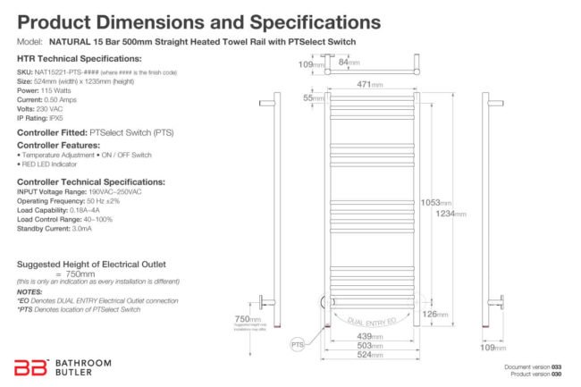 Specifications and Dimensions for NATURAL 15 Bar 500mm-STR-PTS