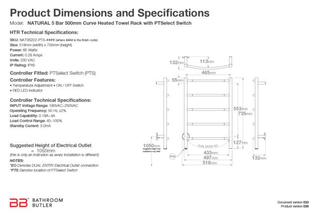 Specifications and Dimensions for NATURAL 5 Bar 500mm-CRV-PTS
