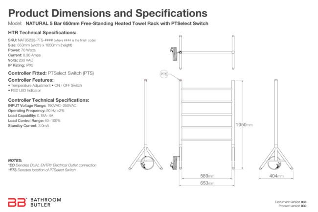 Specifications and Dimensions for NATURAL FS 5 Bar 650mm-STR-PTS