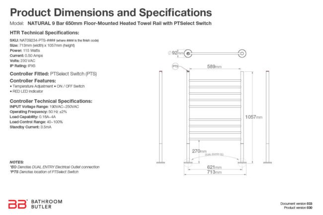 Specifications and Dimensions for NATURAL FM 9 Bar 650mm-STR-PTS
