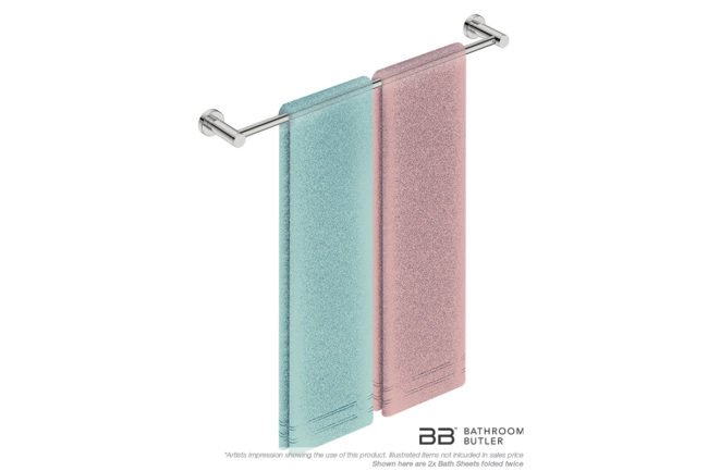 Single Towel Bar 650mm 4672 with artists impression of two single folded bath sheets - Bathroom Butler