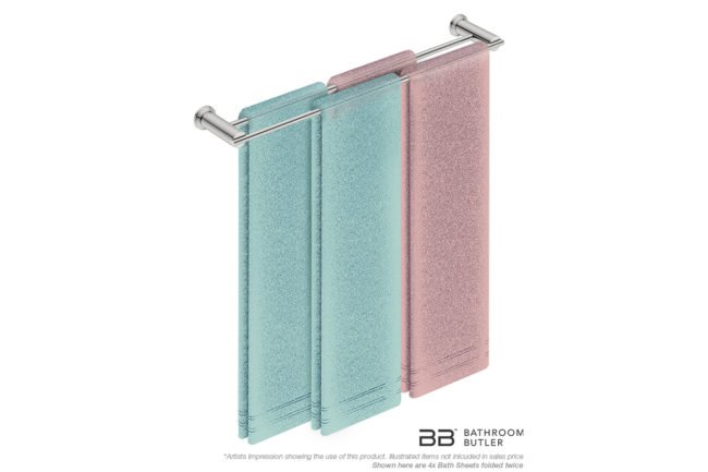 Double Towel Bar 650mm 5882 with artists impression of four double folded bath sheets - Bathroom Butler