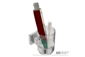 Glass Tumbler and Holder 8532 showing artists impression of tooth brush and other bathroom products