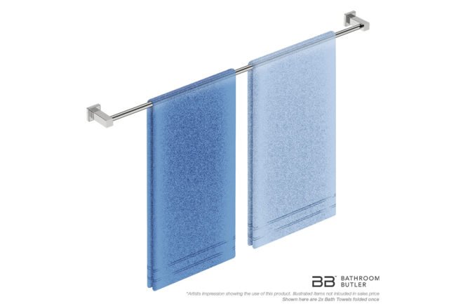 Single Towel Bar 1100mm 8578 with artists impression of two single folded bath towels - Bathroom Butler