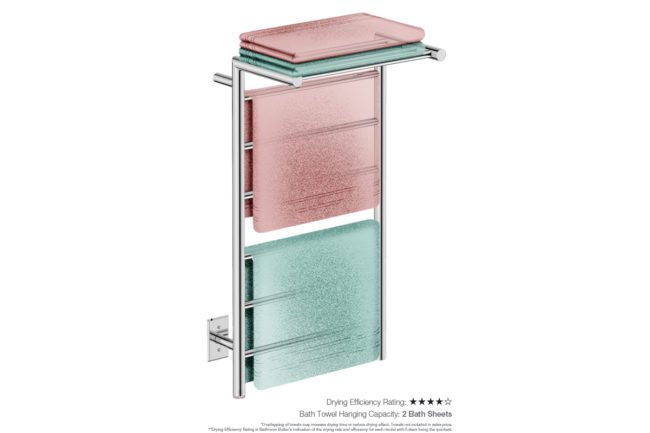 Edge 10 Bar 20inch Heated Towel Rack with PTSelect Switch showing artists impression of folded bath sheets - Bathroom Butler