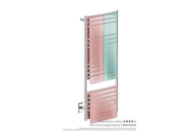Natural 15 Bar 20inch Heated Towel Rack Straight with PTSelect Switch showing artists impression with three folded bath sheets - Bathroom Butler