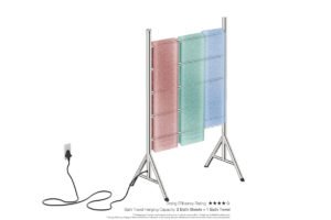 Natural 5 Bar 650mm Freestanding Heated Towel Rack Straight with PTSelect Switch showing artists impression of two folded bath sheets and one bath towel - Bathroom Butler