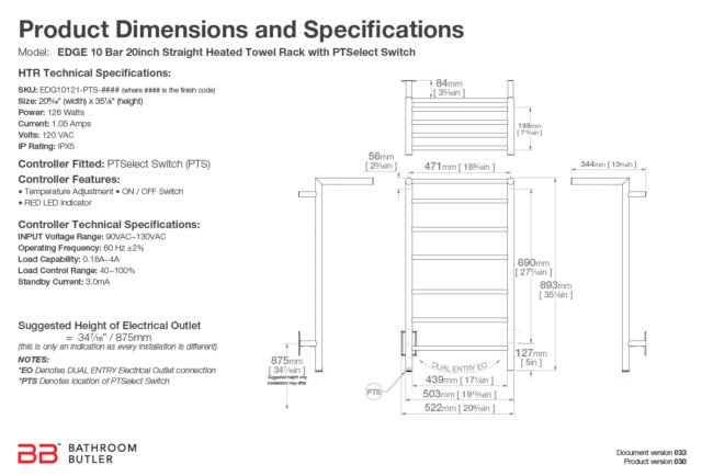Specifications and Dimensions for EDGE 10 Bar 20in-STR-PTS