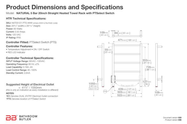 Specifications and Dimensions for NATURAL 5 Bar 20in-STR-PTS