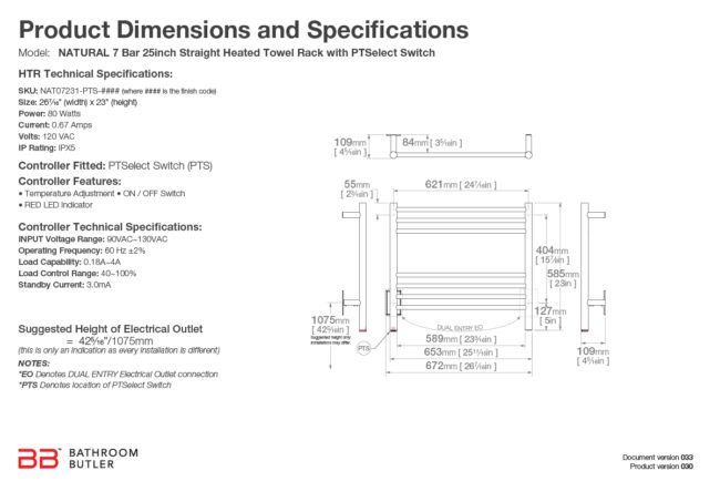 Specifications and Dimensions for NATURAL 7 Bar 25in-STR-PTS