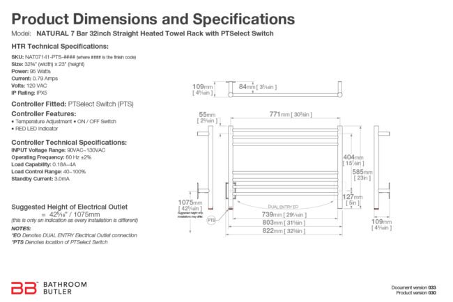 Specifications and Dimensions for NATURAL 7 Bar 32in-STR-PTS