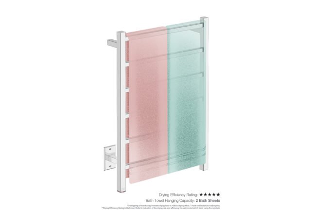 Cubic 6 Bar 21inch Heated Towel Rack with PTSelect Switch showing artists impression of two bath sheets folded twice on the short side - Bathroom Butler