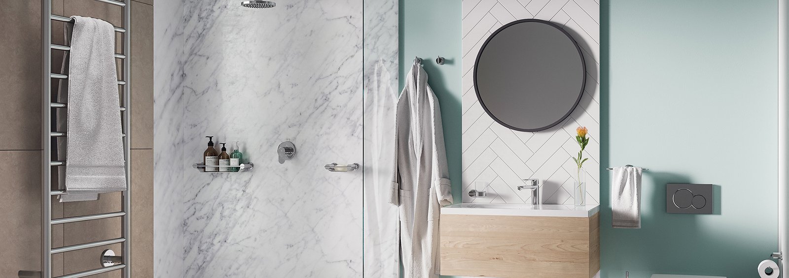 Natural 12 Bar heated towel rack near shower in bathroom