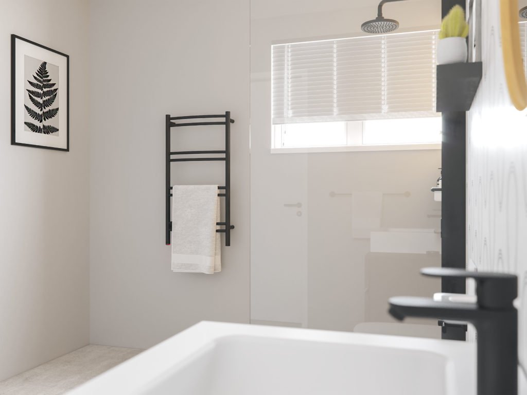 Matt black heated towel rail with 8 bars.