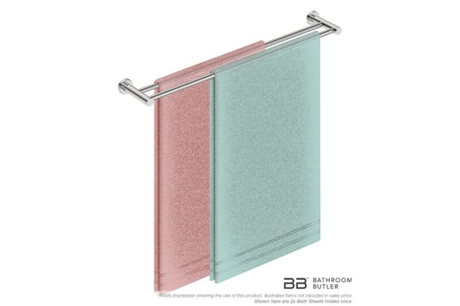 Double Towel Bar 800mm 4685 with artists impression of two single folded bath sheets - Bathroom Butler