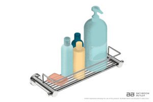 Shower Rack 330mm 4820 showing artists impression of shampoo bottles and soap