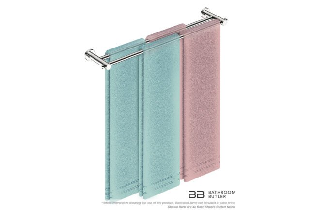 Single Towel Bar 650mm 4882 with artists impression of four double folded bath sheets - Bathroom Butler