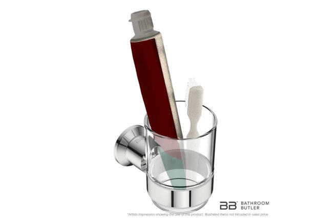 Glass Tumbler and Holder 5632 showing artists impression of tooth brush and other bathroom products