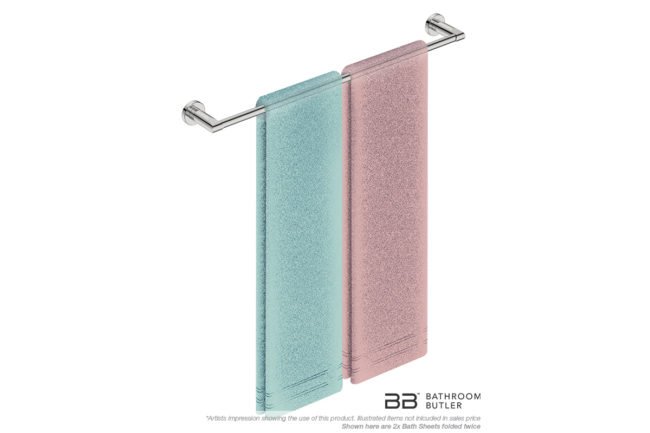 Single Towel Bar 650mm 8272 with artists impression of two double folded bath sheets - Bathroom Butler