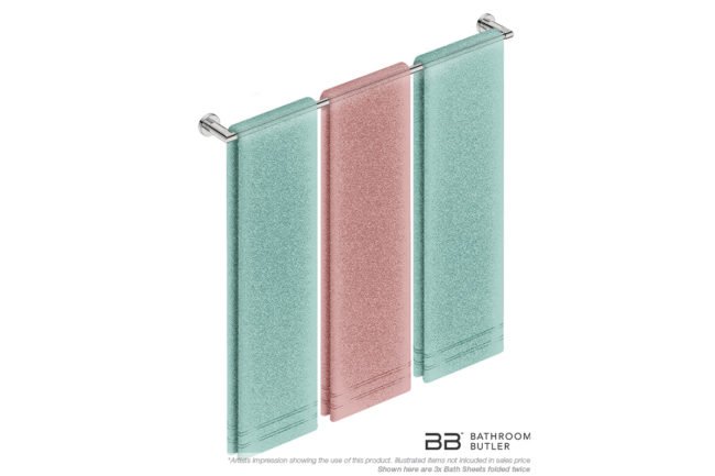 Single Towel Bar 800mm 8275 with artists impression of three double folded bath sheets - Bathroom Butler