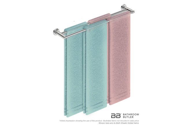 Double Towel Bar 650mm 8282 with artists impression of four double folded bath sheets - Bathroom Butler