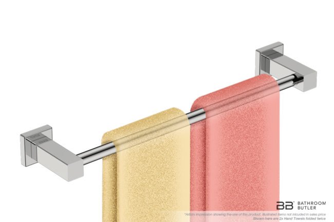 Single Towel Bar 430mm/17inch 8570 with close-up artists impression of 2 double folded hand towels - Bathroom Butler