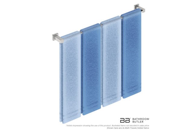 Single Towel Bar 800mm 8575 with artists impression of four double folded bath towels - Bathroom Butler
