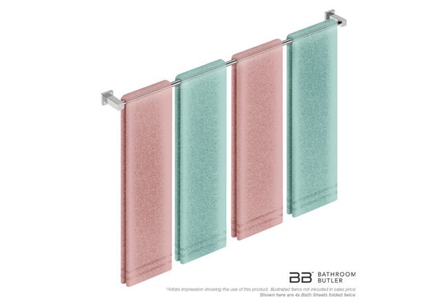 Single Towel Bar 1100mm 8578 with artists impression of four double folded bath sheets - Bathroom Butler