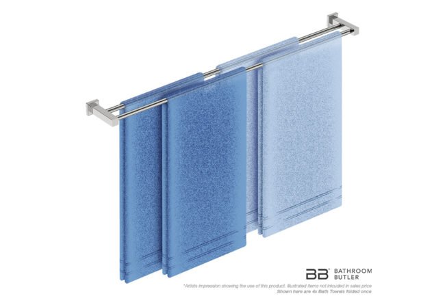 Double Towel Bar 1100mm 8588 with artists impression of four single folded bath towels - Bathroom Butler