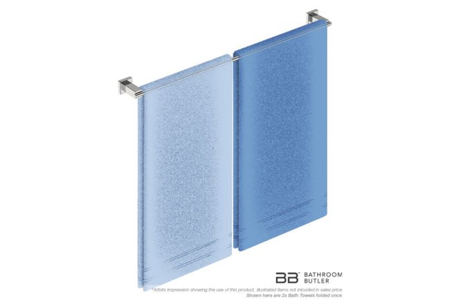 Single Towel Bar 800mm 8675 with artists impression of two single folded bath towels - Bathroom Butler