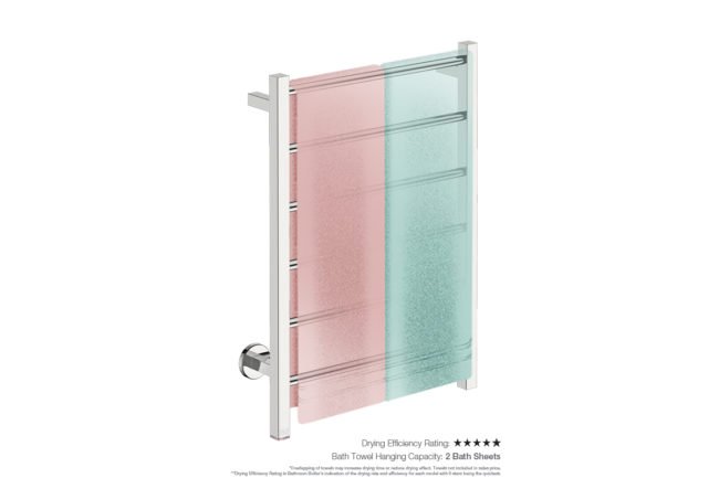 Contour 6 bar 530mm Heated Towel Rack with PTSelect Switch showing artists impression of two bath sheets folded twice on the short side - Bathroom Butler