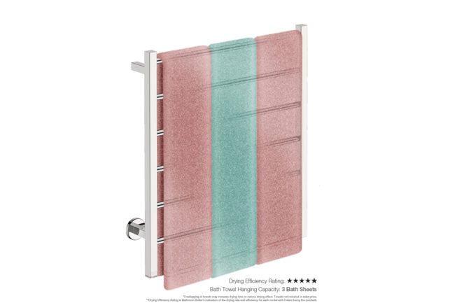 Contour 6 Bar 650mm Heated Towel Rack with PTSelect Switch showing artists impression of three bath sheets folded twice on the short side - Bathroom Butler