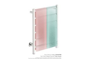 Cubic 6 Bar 530mm Heated Towel Rack with PTSelect Switch showing artists impression of two bath sheets folded twice on the short side - Bathroom Butler